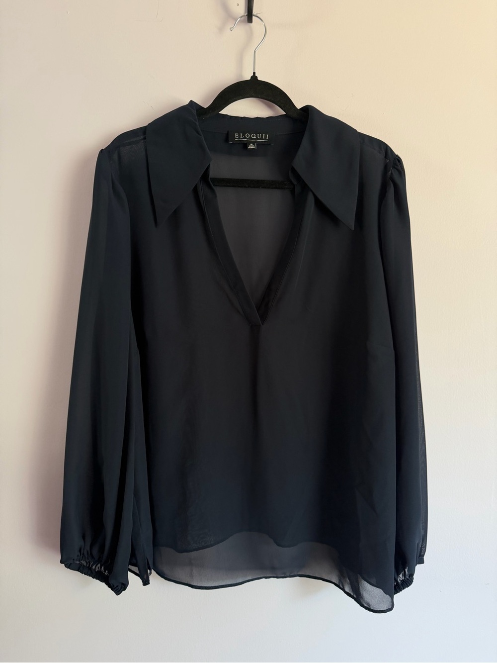 Eloquii Navy Sheer V-Neck Long-Sleeve Blouse 16